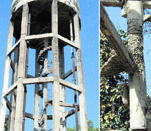 (Left) Dilapidated condition of the water tank-2 at Ward No 18; (above) a close view of the damaged tank in Khanna.