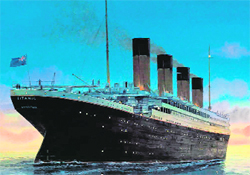 Titanic hit an iceberg on its maiden voyage across the Atlantic, sinking to almost 4,000 metres in waters off Newfoundland on the night of April 14, 1912, with the loss of 1,514 people on board.