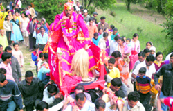 A local priest being taken in a palanquin during the Chaitola festival celebrations in Pithoragarh district on Friday.