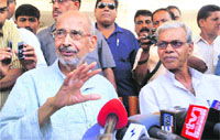 Maoist mediators Dandapani Mohanty and BD Sharma address mediamen in Bhubaneswar on Friday.