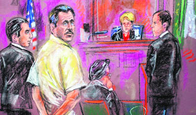 This sketch shows Viktor Bout (in white) standing in the courtroom during his sentencing.