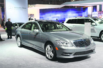 The Mercedes-Benz 250 CDI BlueEfficiency, declared the 2012 World Green Car of the Year, on display during a press preview at the New York International Automobile Show in New York City. The car was among the three finalists, the other two being the Ford Focus Electric and the Peugeot 3008 Hybrid. This is the second time in World Green Car history that a Daimler Benz technology has won this prestigious honour. 