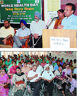 Dr Satish Jindal speaks at the function organised to mark the World Health Day at the Civil Hospital in Bathinda on Saturday. Experts from the health department were part of the audience (below)