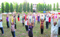 People participate in Yogathan organised by The Art of Living at the Officers Club in Dehradun