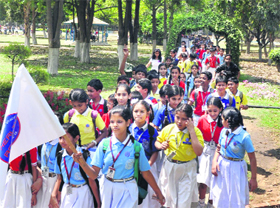 Schoolchildren participate during a walkathon awareness rally on World Health Day at the Leisure Valley Park in Gurgaon on Saturday.