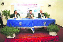 Dr MR Bhutiyani (left), Dr S Sundresh and Dr Ashwaghosh Ganju at an international symposium on cryosphere and climate change in Manali on Saturday.