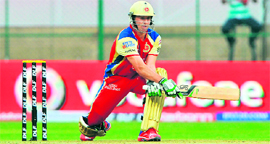 Royal Challengers Bangalores A B de Villiers plays a shot during their match against Delhi Daredevils in Bangalore on Saturday.