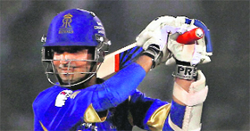 Rajasthan Royals Ajinkya Rahane plays a shot against Kings XI in Jaipur on Friday.