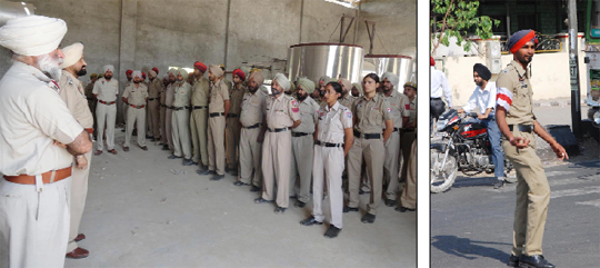 (Left) Policemen led by a DSP and the SHO prepare to tackle the irate villagers protesting against the setting up of a waste disposal treatment plant at Burj Mehma village in Bathinda district on Sunday; a newly-recruited cop manages the flow of traffic on a city road.