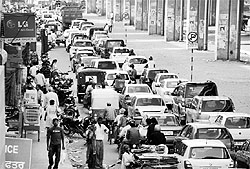 Vehicles stuck in a traffic jam in Zirakpur on Sunday