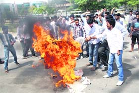Members of the Indian National Students Organisation burn an effigy of MDU Vice-Chancellor RP Hooda on Sunday