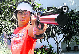 Anhad Jawanda (13) shows his shooting skills in Ludhiana. 