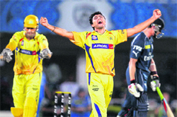 Chennai Super Kings RA Jadeja celebrates his wicket against Chargers in Visakhapatnam. 