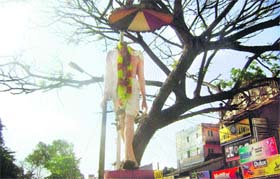 The statue of Mahatma Gandhi that stands vandalised
