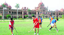 Students practice at the sprawling grounds of Khalsa College in Amritsar.