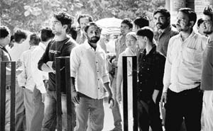 Family members of the convicts outside the District Courts in Chandigarh on Monday.