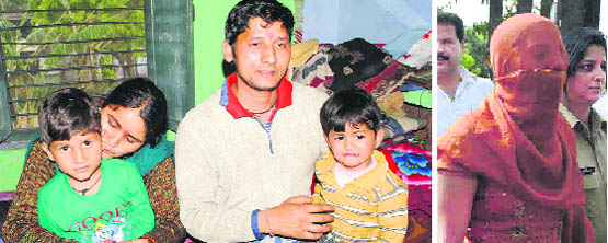 Rajan Kandari (in his mothers lap) with his parents in Dehradun on Monday; and (right) kidnapper Ashu Kumari in police custody.