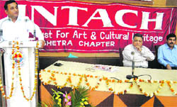 Dr AR Chaudhri, co-convener, INTACH, Kurukshetra chapter, welcomes guests at a lecture on Geo-scientific Heritage and Natural Processes in the Senate Hall of Kurukshetra University.
