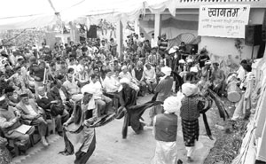 Gujjars present a dance item during a seminar at Sahoo in Chamba on Monday.