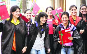 Jubilant students of the APJ College of Fine Arts after receiving degrees at the annual convocation in Jalandhar on Monday