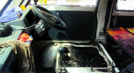 The school van that caught fire in Jagraon on Monday afternoon.
