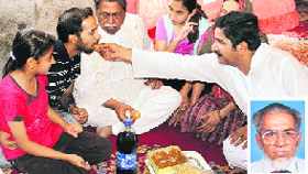 Relatives of Khalil Chisti (inset) celebrate in Ajmer after he was granted interim bail by the apex court