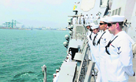 United States Navy sailors on board USS Halsey as the ship calls on the Chennai port on Monday