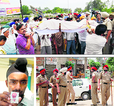The deceaseds relatives, carrying his body, protest outside the Mahal police post; policemen stand outside the cremation ground at Mahal village in Amritsar on Tuesday; and Balbir Singhs son shows his photograph