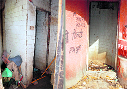 A toilet being used as a store; and (right) the door of another toilet missing in Amritsar