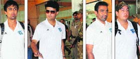 Rahul Sharma, Pune Warriors captain Saurav Ganguly, Robin Uthappa and Jesse Ryder arrives at Chandigarh Airport on Tuesday