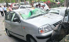 A car that was damaged after a tree branch fell on it during the storm at Sector 9 in Chandigarh on Tuesday
