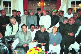 Union Minister Virbhadra Singh with party MLAs at his residence, Holly Lodge, in Shimla on Tuesday