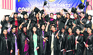 Jubilant students of the Army College of Nursing after receiving degrees at a convocation in Jalandhar Cantonment on Tuesday. Photo: Sarabjit Singh