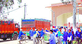 Trucks belonging to Indian traders stranded outside the ICP.