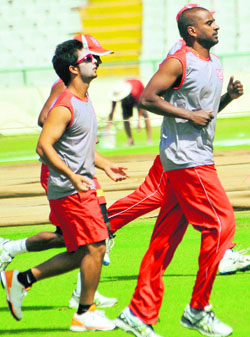 Kings XI Punjab players during a practice session at the PCA Stadium in Mohali on Wednesday.