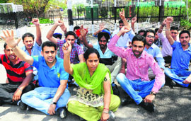 Students protest in front of the VCs office at Panjab University in Chandigarh on Wednesday.
