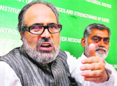 Former Deputy Chief Minister Muzaffar Hussain Beigh addresses mediapersons at the party office in Jammu on Wednesday. 