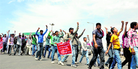Members of the Backward Area Action Committee march towards the Divisional Commissioners office in Jammu on Wednesday.