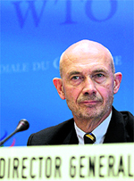 World Trade Organization director general Pascal Lamy looks on during a news conference on annual trade forecast and statistics at the WTO headquarters in Geneva on Thursday