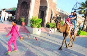 A young boy gives a camel ride to tourists at a restaurant in Karnal