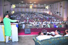 MP Ashok Tanwar addresses a seminar on education at CMK National PG Girls College in Sirsa