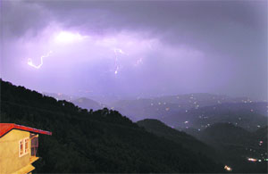 Lightning as seen over the Jubbar Hatti airport in Shimla on Wednesday night.