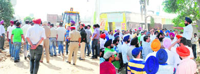 A mob obstructs a demolition drive at an unauthorised colony on the Dhandra road; and (right) a gathering of developers and residents, in Ludhiana on Thursday. 