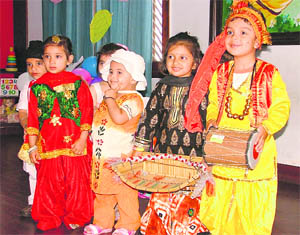 Students celebrate during a Baisakhi programme at Kids Quest Pre School in Ludhiana on Thursday. 