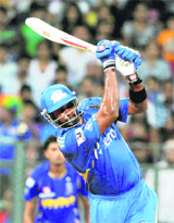 Mumbais Kieron Pollard plays a shot during a match against Royals in Mumbai on Wednesday.