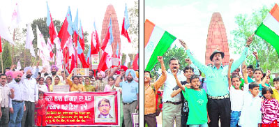 Members of various youth organisations demand the construction of a memorial at Madan Lal Dhingras house; and (right) Jagdish Bhagat Singh, a lookalike of Shaheed Bhagat Singh, raises patriotic slogans at the Jallianwala Bagh Memorial in Amritsar on Friday