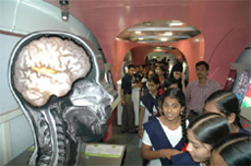 An inside view of the Science Express. The train offers to students an expedition into the mysterious world of science 0and the latest cutting-edge inventions and developments. 