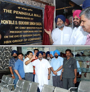 Deputy CM, Sukhbir Singh Badal, inaugurates a mall and inspects the newly-constructed Farad Kendra (below) in Bathinda on Friday. Also seen in the picture below are Deputy Commissioner, KK Yadav and Bathinda Mayor, Baljeet Singh Beerbehman. 