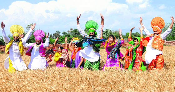 A group of dancers celebrates Baisakhi in a wheat field near Chandigarh on Friday.