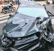 A car that collided with Swaraj Mazda in Mohali on Friday.